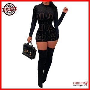 Sheer Mesh Long Sleeve Jumpsuit Sexy Clubwear One Piece Romper